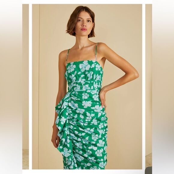 $448 Olly Ruched Midi Dress in Frog Flower NWT - Picture 4 of 13